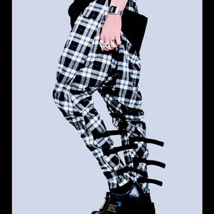 LONG Drop Crotch Clip Pants (Black/White Tartan)